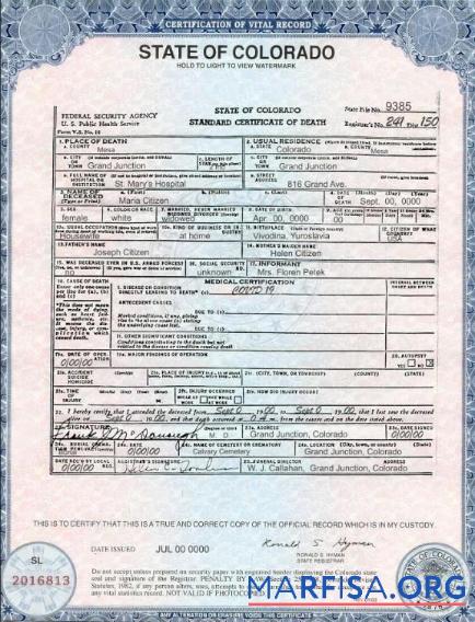 Realistic USA Colorado state death certificate template in PSD format